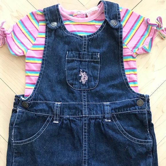 US Polo Association Overalls & Pink Stripe Onesie - Picture 1 of 7